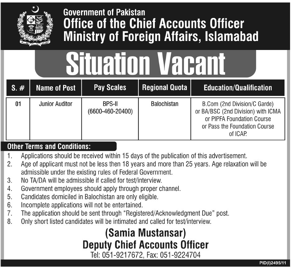 Office of the Chief Accounts Officer, Ministry of Foreign Affairs, Islamabad Required Junior Auditor
