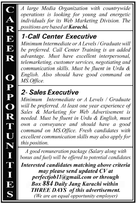 Call Center Executive and Sales Executive Required by a Media Organization in Karachi