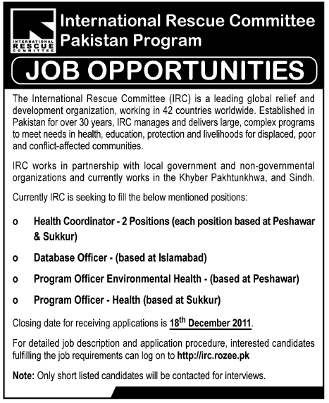 International Rescue Committee Pakistan Program Job Opportunities