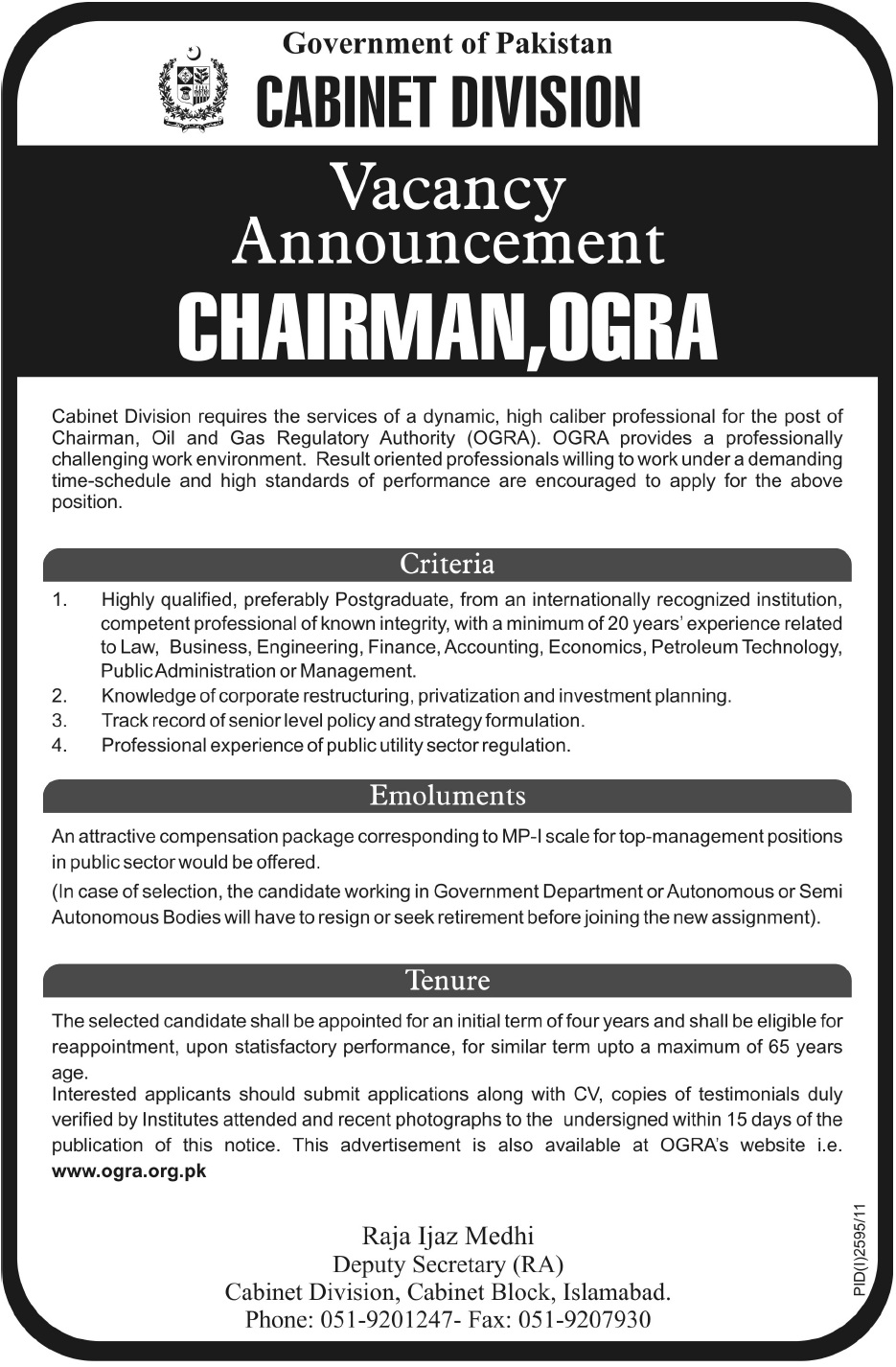 Cabinet Division Required the Services of Chairman OGRA