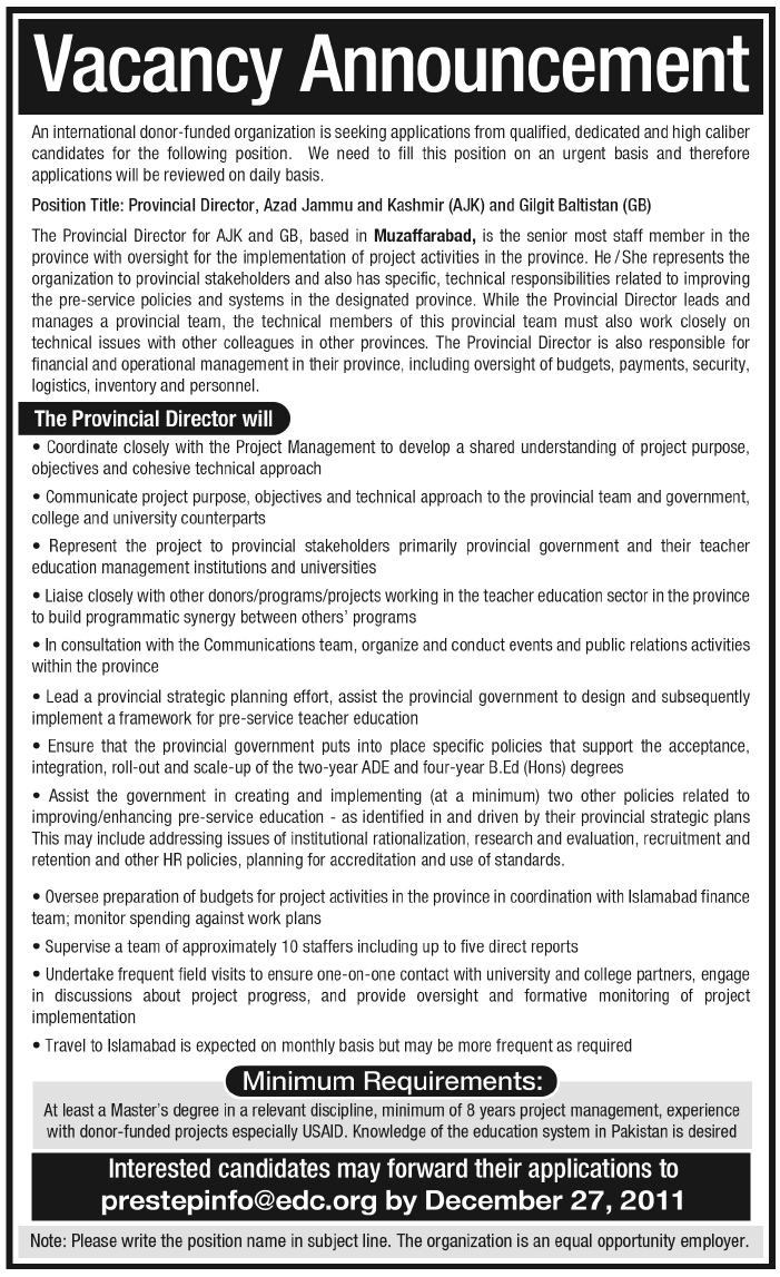 Provincial Director Required by International Donor Funded Organization