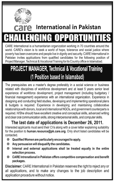 Care International in Pakistan Required the Services of Project Manager for Islamabad