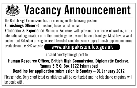 The British High Commission Required Furnishings Officer