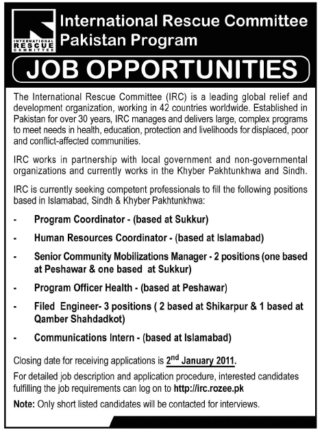 International Rescue Committee Pakistan Program Jobs Opportunities