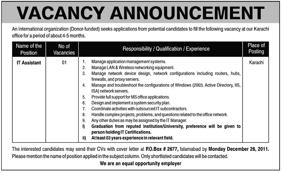 IT Assistant Required by an International Organization (Donor Funded)