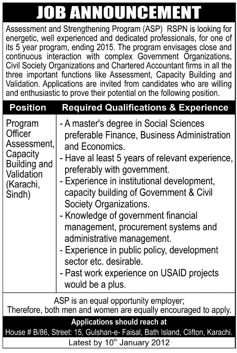 Assessment and Strengthening Program (ASP) RSPN Karachi Required Program Officer