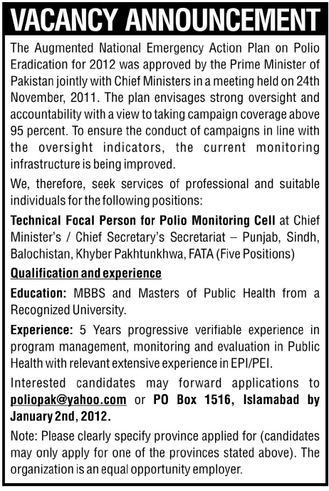Technical Focal Person for Polio Monitoring Cell Required