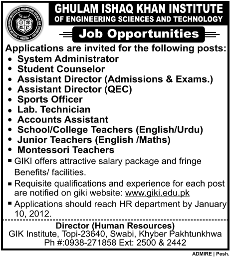Ghulam Ishaq Khan Institute Jobs Opportunities