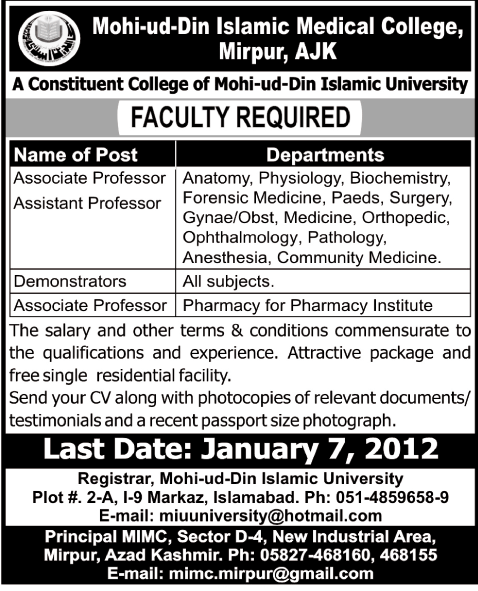 Mohi-ud-Din Islamic Medical College, Mirpur, AJK Required Faculty