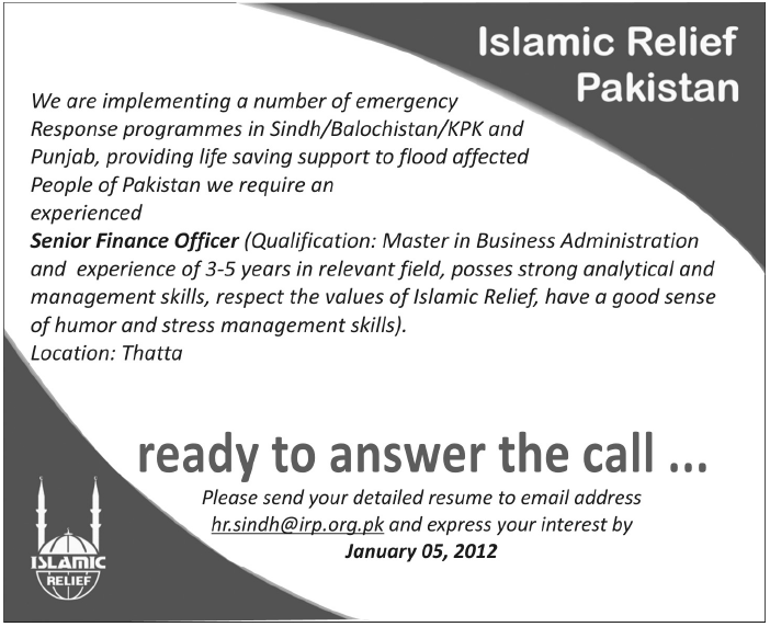 Islamic Relief Pakistan Required the Services of Senior Finance Officer