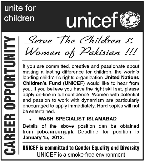 UNICEF Required Wash Specialist-Islamabad