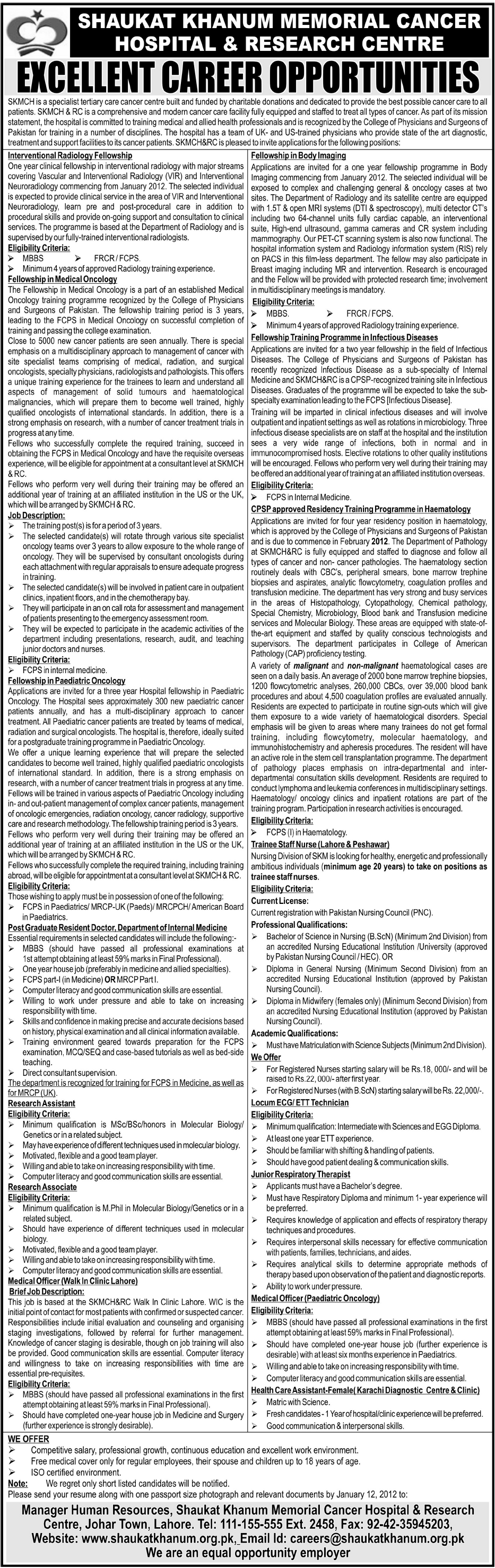 Shaukat Khanum Memorial Cancer Hospital & Research Centre Career Opportunities