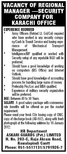 Askari Guards Pvt Ltd Required Regional Manager-Karachi