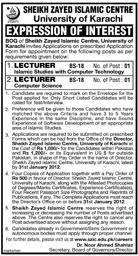 Sheikh Zayed Islamic Centre, University of Karachi Required Lecturers