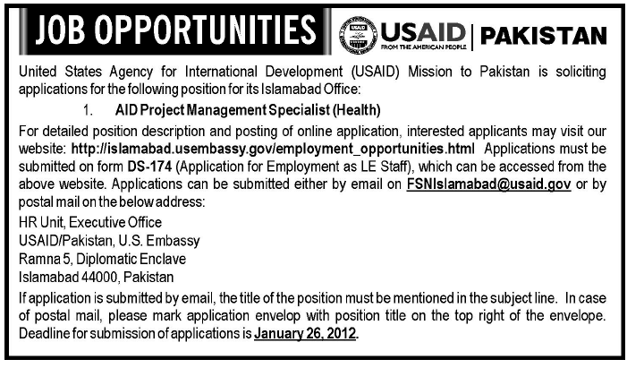 USAID Required the Services of AID Project Management Specialist-Health