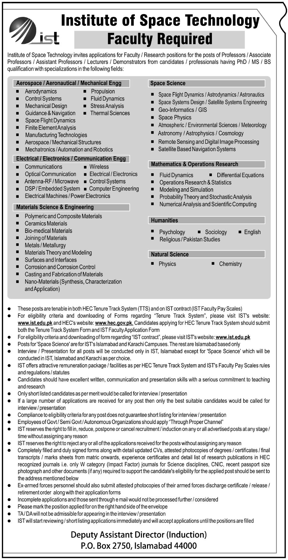 Institute of Space Technology Required Faculty