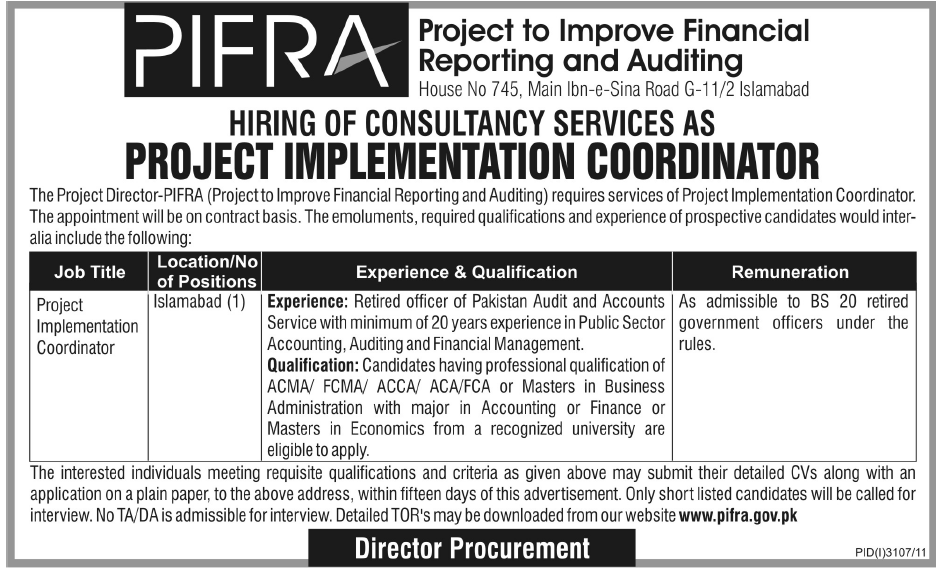 PIFRA Required the Services of Project Implementation Coordinator