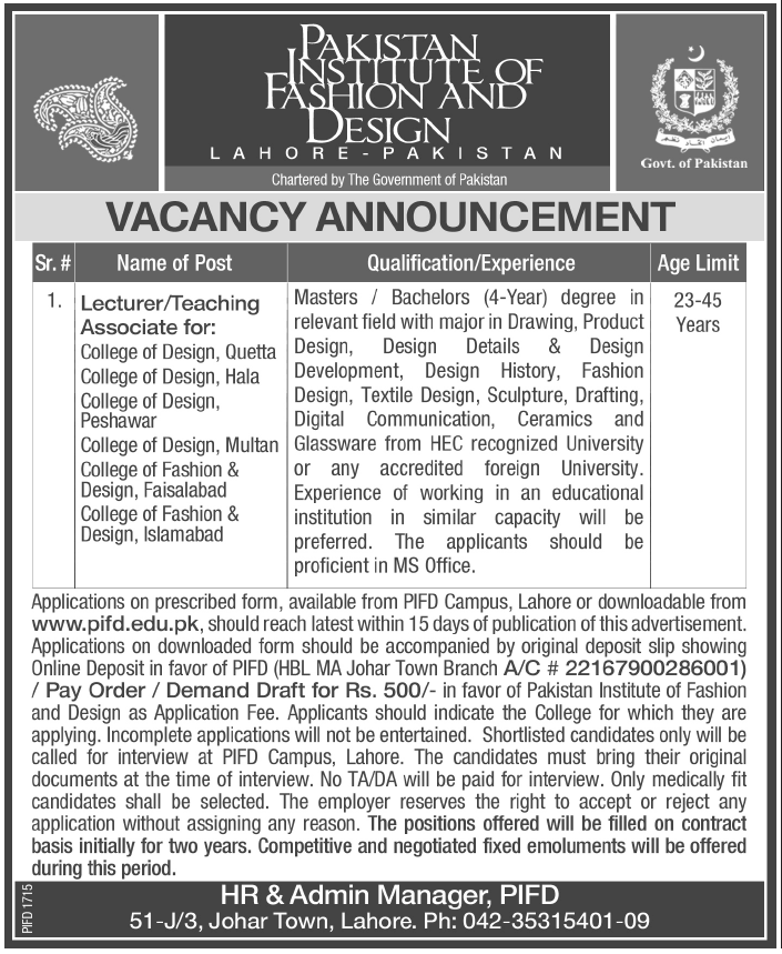 Pakistan Institute of Fashion and Design Lahore Required Lecturer/Teaching Associates