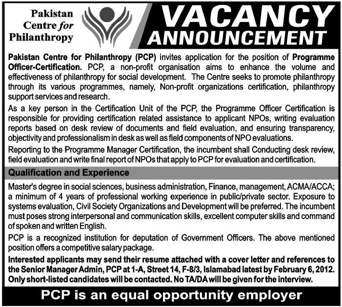 Pakistan Centre for Philanthropy (PCP) Required Programme Officer-Certification