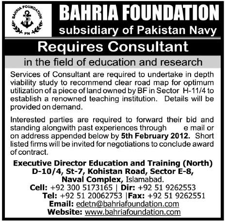 Bahria Foundation Required the Services of Consultant