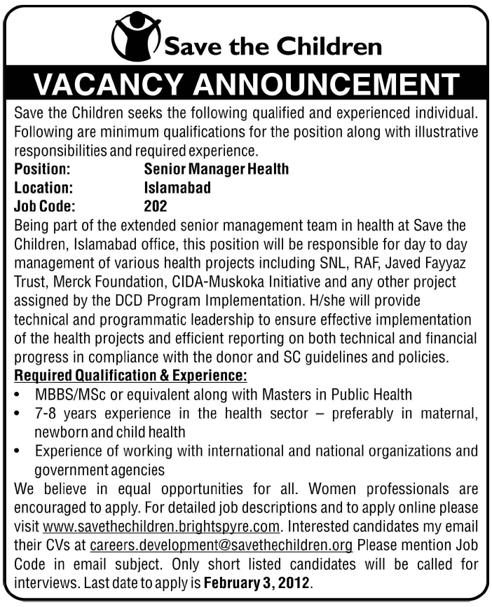 Save The Children Required the Services of Senior Manager Health