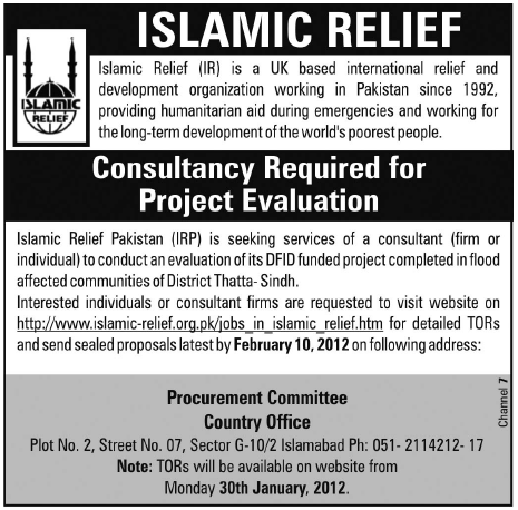 Consultant Required by Islamic Relief