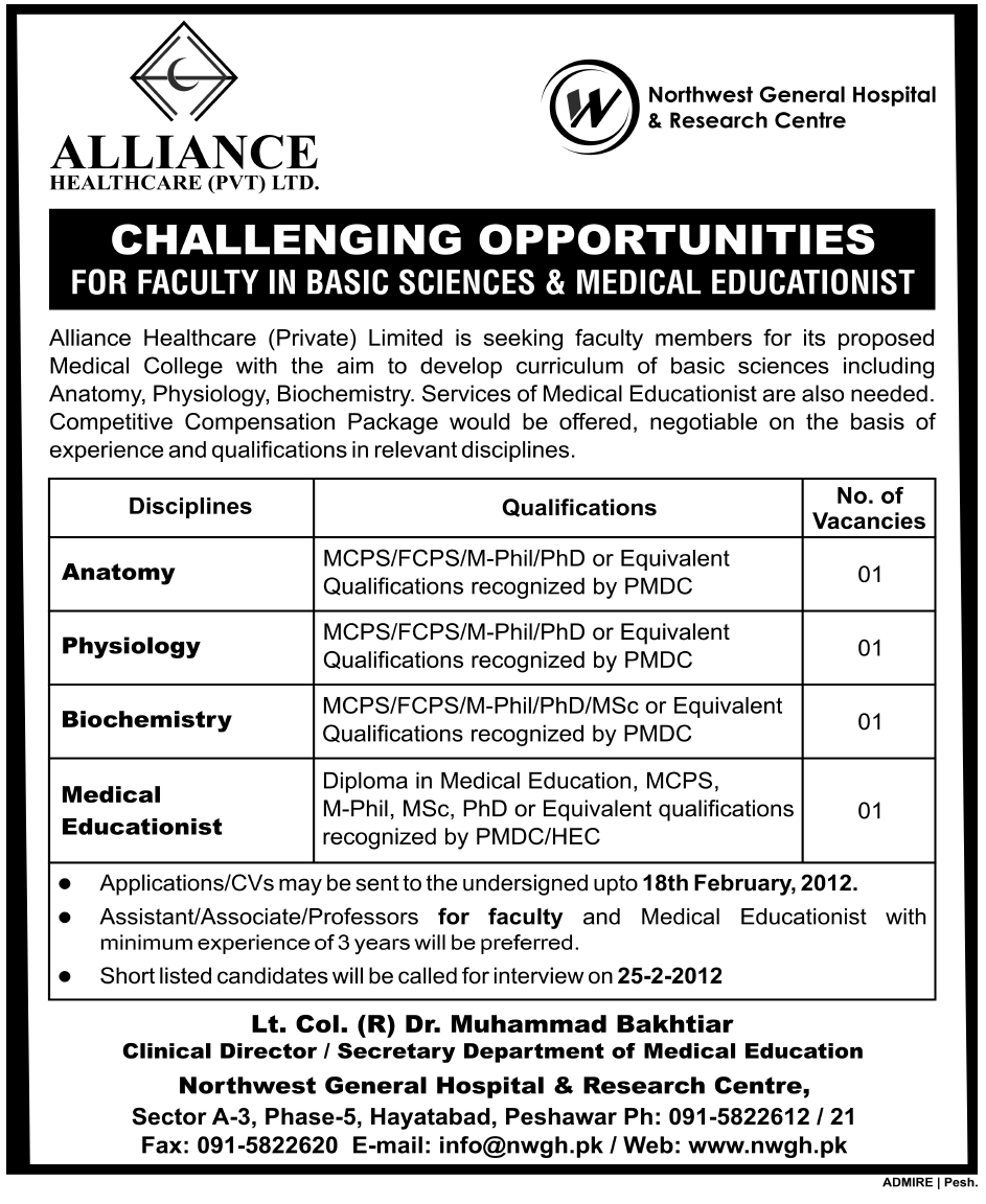 Alliance Healthcare Pvt Ltd. Required Faculty