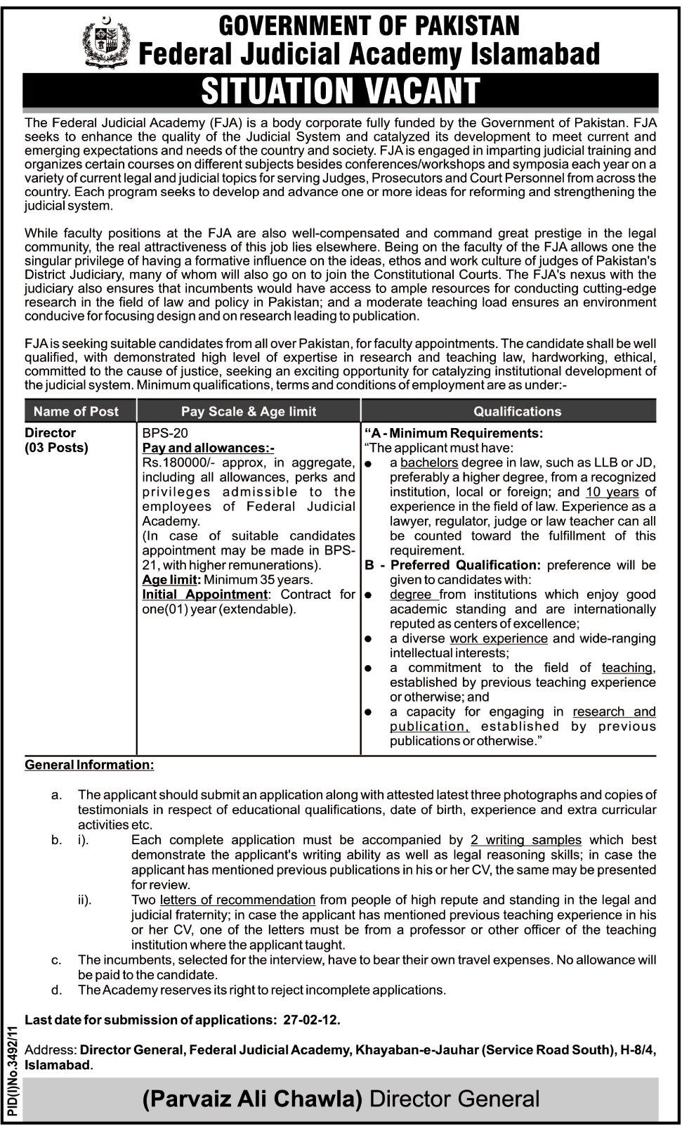 Federal Judicial Academy Islamabad, Government of Pakistan Jobs Opportunity