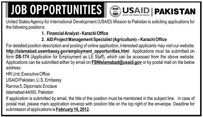 USAID Required Financial Analyst and AID Project Management Specialists