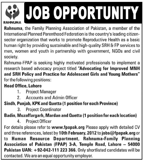 Rahnuma (Family Planning Association of Pakistan) Jobs Opportunity