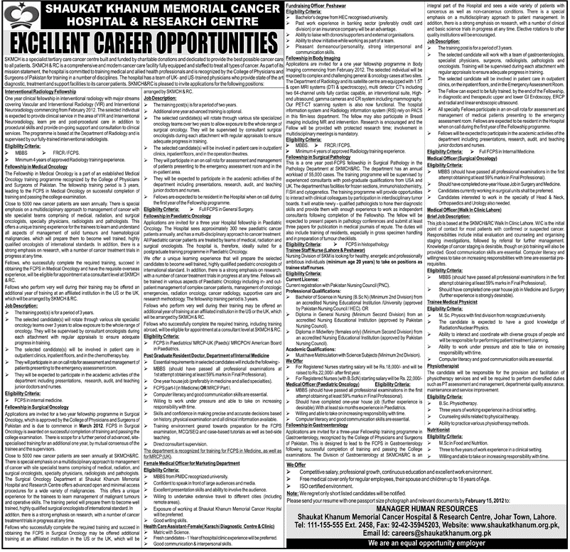 Shaukat Khanum Memorial Cancer Hospital & Research Centre Career Opportunities