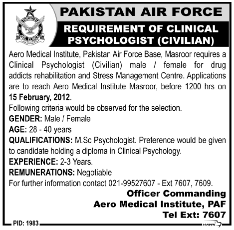Pakistan Air Force Required the Service of Psychologist (Civilian)