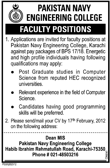 Pakistan Navy Engineering College, Karachi Required Faculty