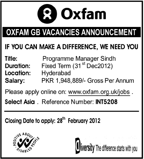 Oxfam Required the Services of Programme Manager Sindh