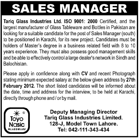 Tariq Glass Industries Ltd. Required Sales Manager