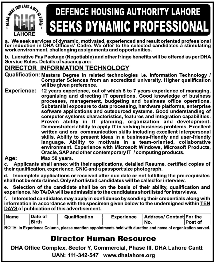 DHA Lahore Required the Services of Director Information Technology