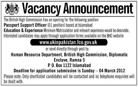 The British High Commission Required Passport Support Officer