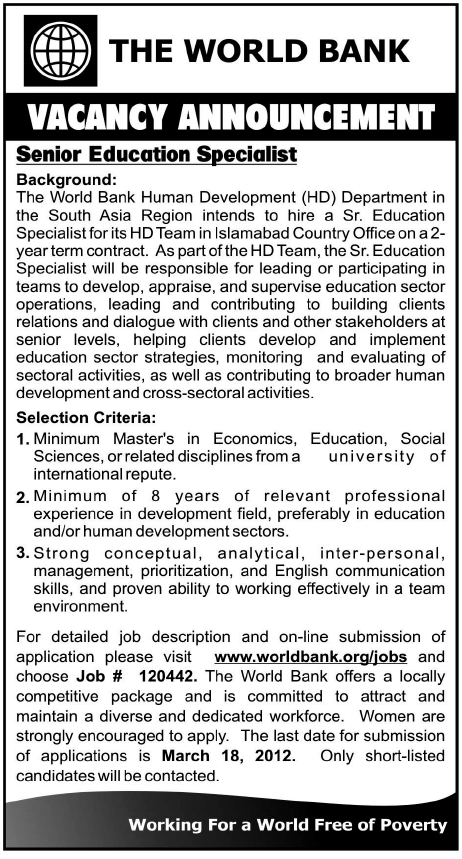 Senior Education Specialist Required by The World Bank