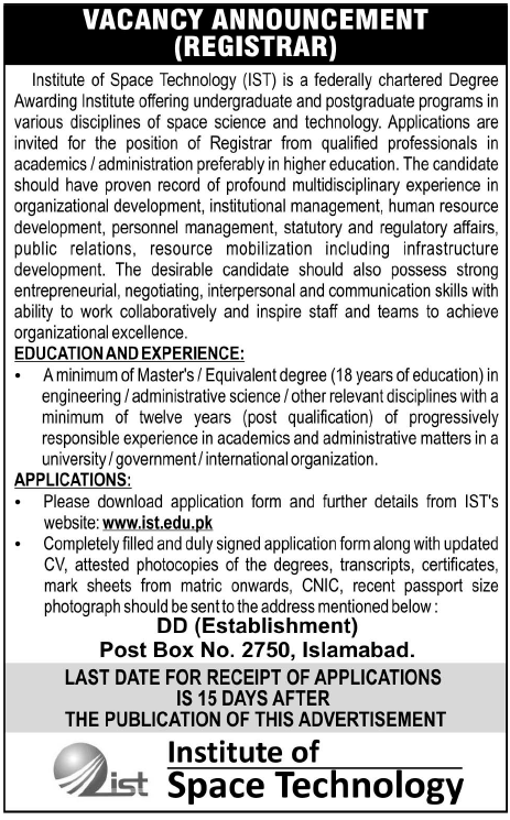 Institute of Space Technology Required the Services of Registrar