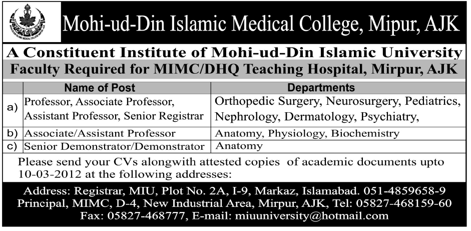 Mohi-ud-Din Islamic Medical College, Mirpur, AJK Required Faculty