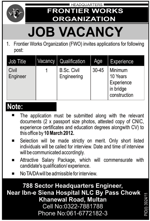 Frontier Works Organization Required Civil Engineer