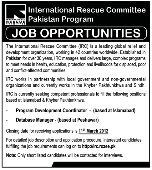 International Rescue Committee Pakistan Program Required Program Development Coordinator and Database Manager