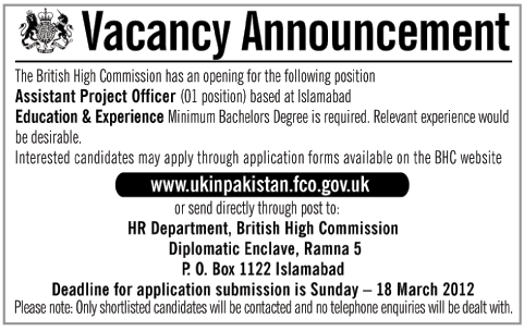 The British High Commission Required Assistant Project Officer