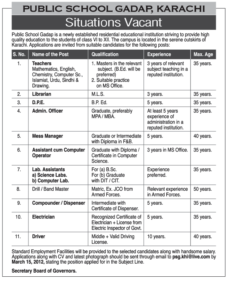 Public School Gadap, Karachi Jobs Opportunity