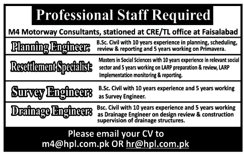 M4 Motorway Consultants Faisalabad Required Staff