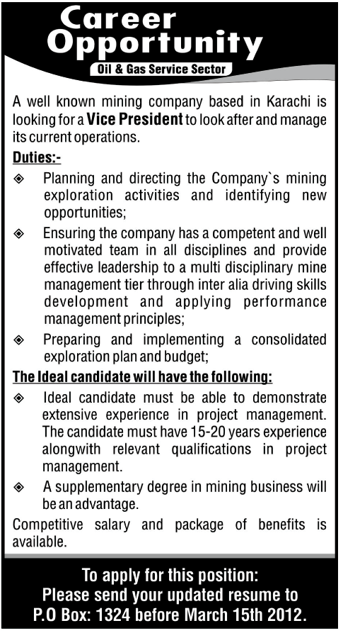 A Mining Company Based in Karachi Required Vice President