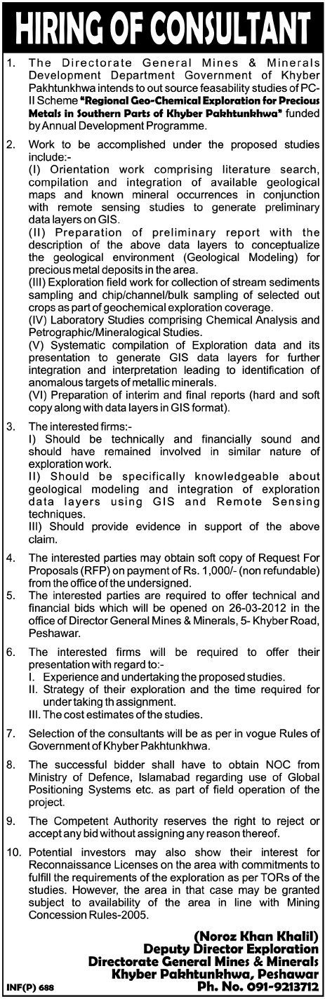 Consultant Jobs in The Directorate General Mines & Minerals Development Department Government of KPK