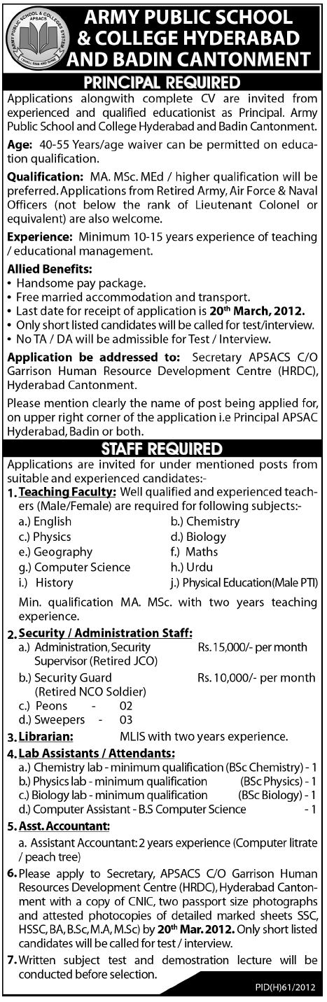 Army Public Schools and College (Govt Jobs) Hyderabad and Badin Cantonment Requires Teaching and Admin Staff