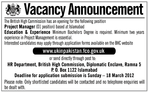 The British High Commission (BHC Jobs) Requires Project Manager