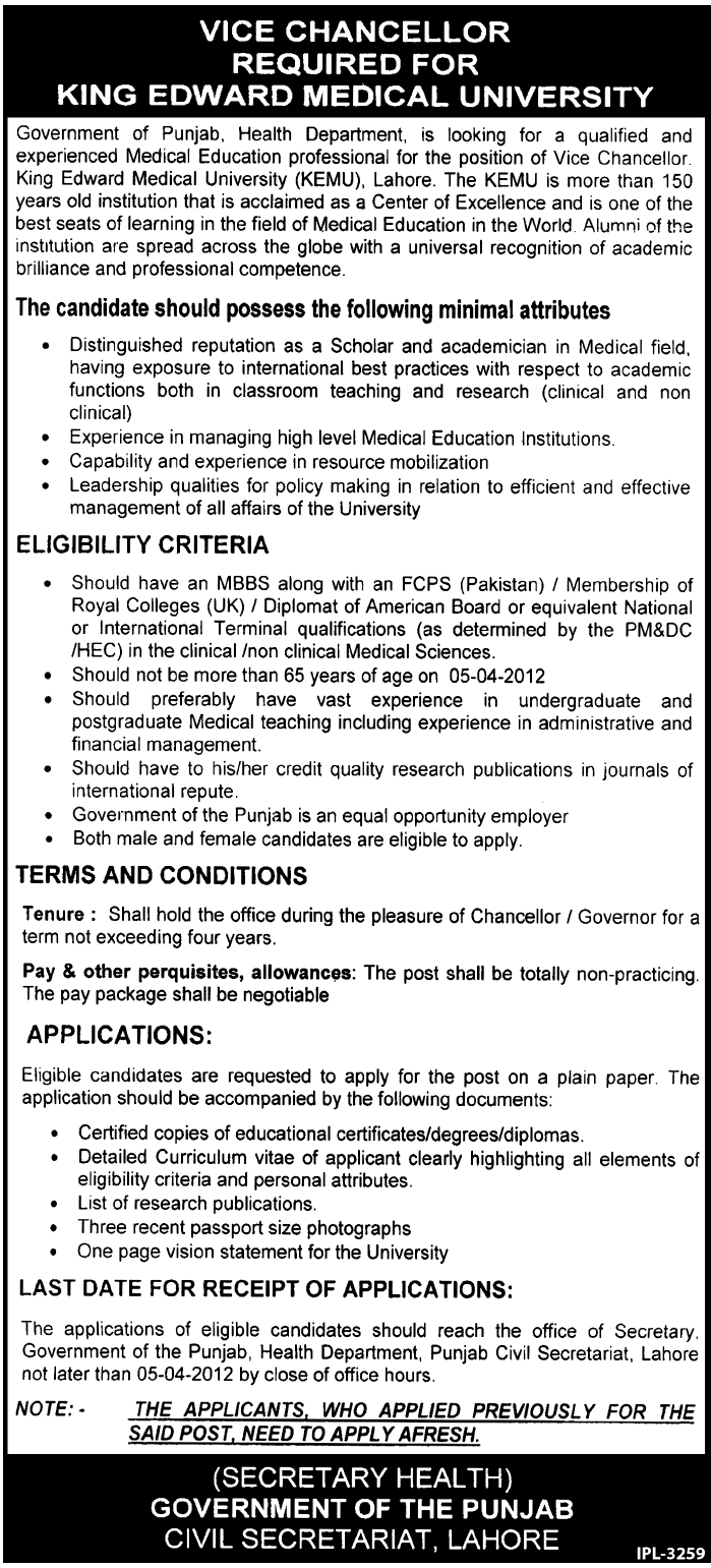 King Edward Medical University (Govt Jobs) Requires Vice Chancellor